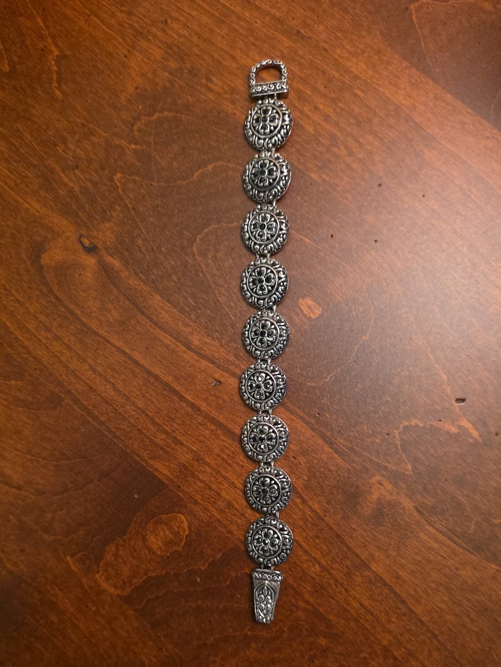Silver-Tone/Black Gemstone Accents Floral Coin Link Bracelet
